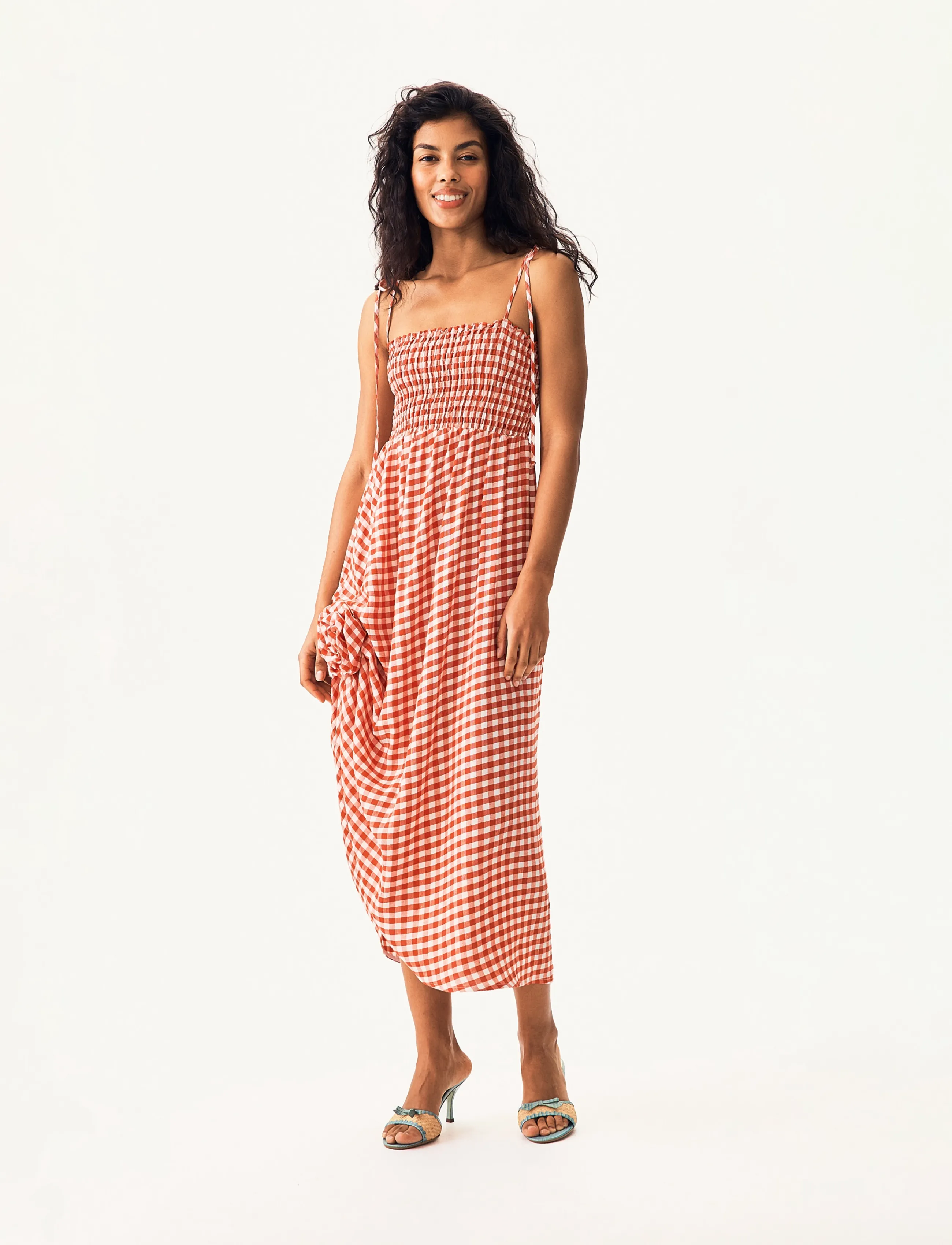 Sleeper - Atlanta Linen Strap Dress with Rose - white&red - 3