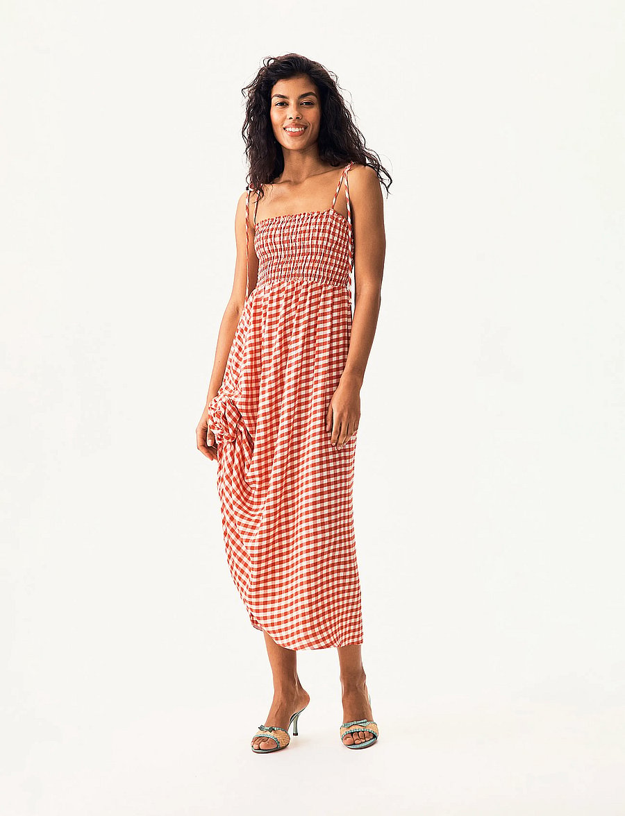 Sleeper - Atlanta Linen Strap Dress with Rose - white&red - 3