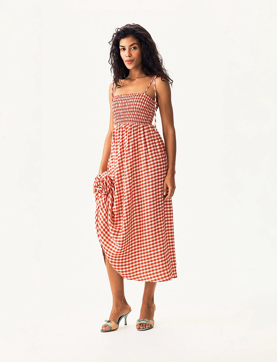Sleeper - Atlanta Linen Strap Dress with Rose - white&red - 4