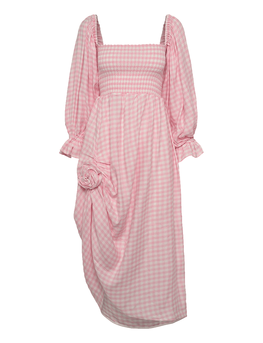 Sleeper - Atlanta Linen Dress with Rose Detail in Pink Vichy - sommerkjoler - white&pink - 1