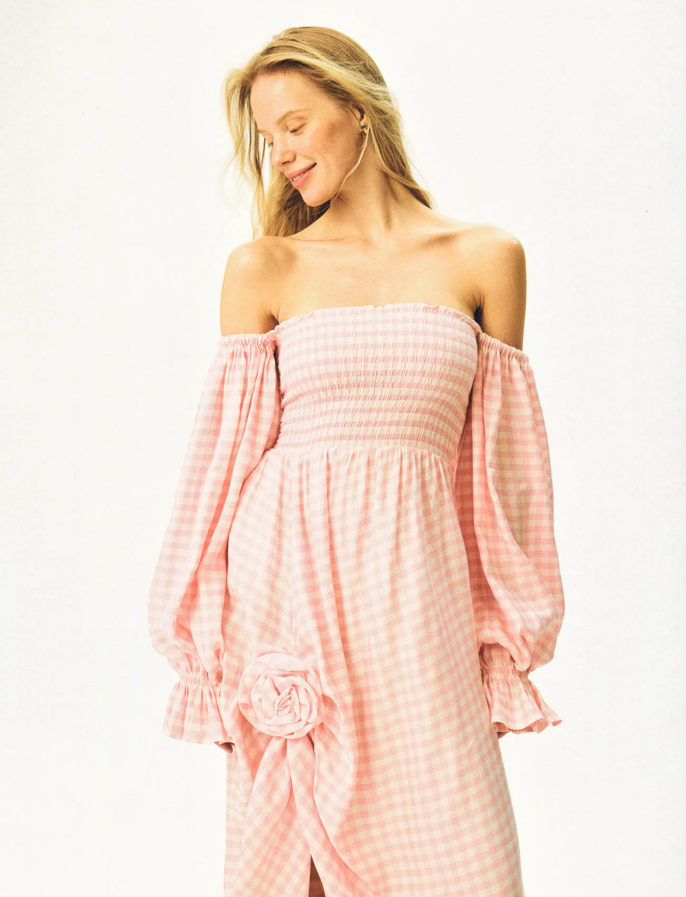 Sleeper - Atlanta Linen Dress with Rose Detail in Pink Vichy - sommerkjoler - white&pink - 5