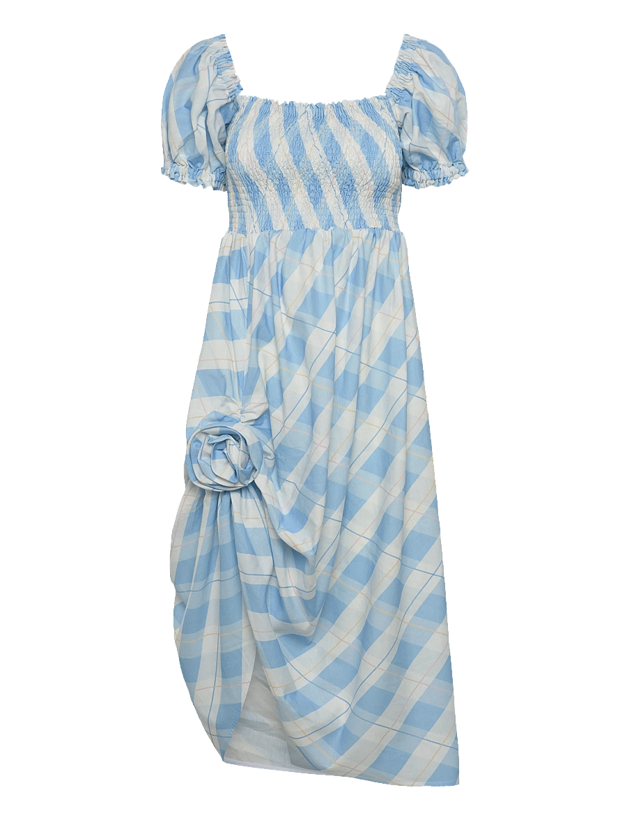 Sleeper - Belle Linen Dress with Rose Detail in Blue Plaid - robes d'été - white&blue - 1