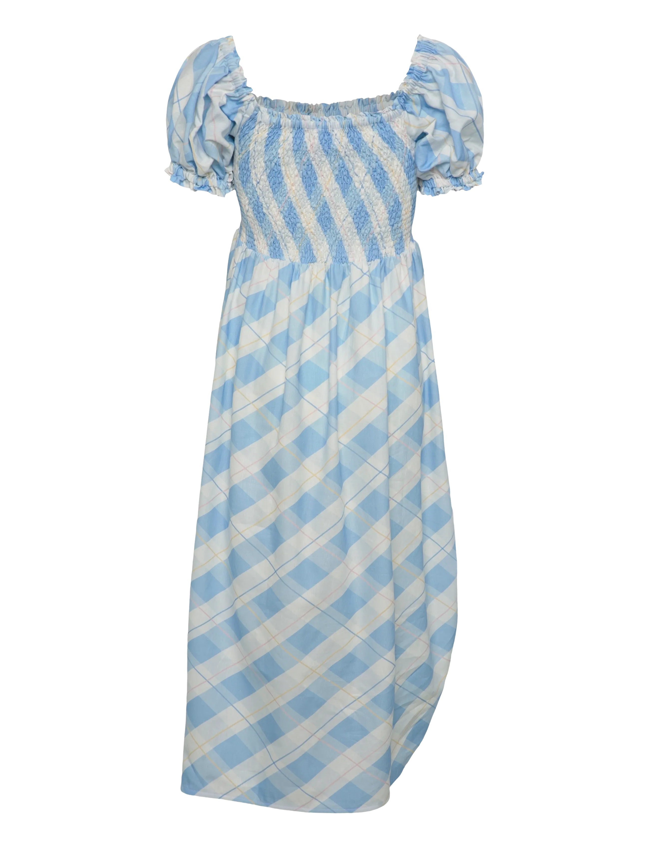 Sleeper - Belle Linen Dress with Rose Detail in Blue Plaid - robes d'été - white&blue - 2