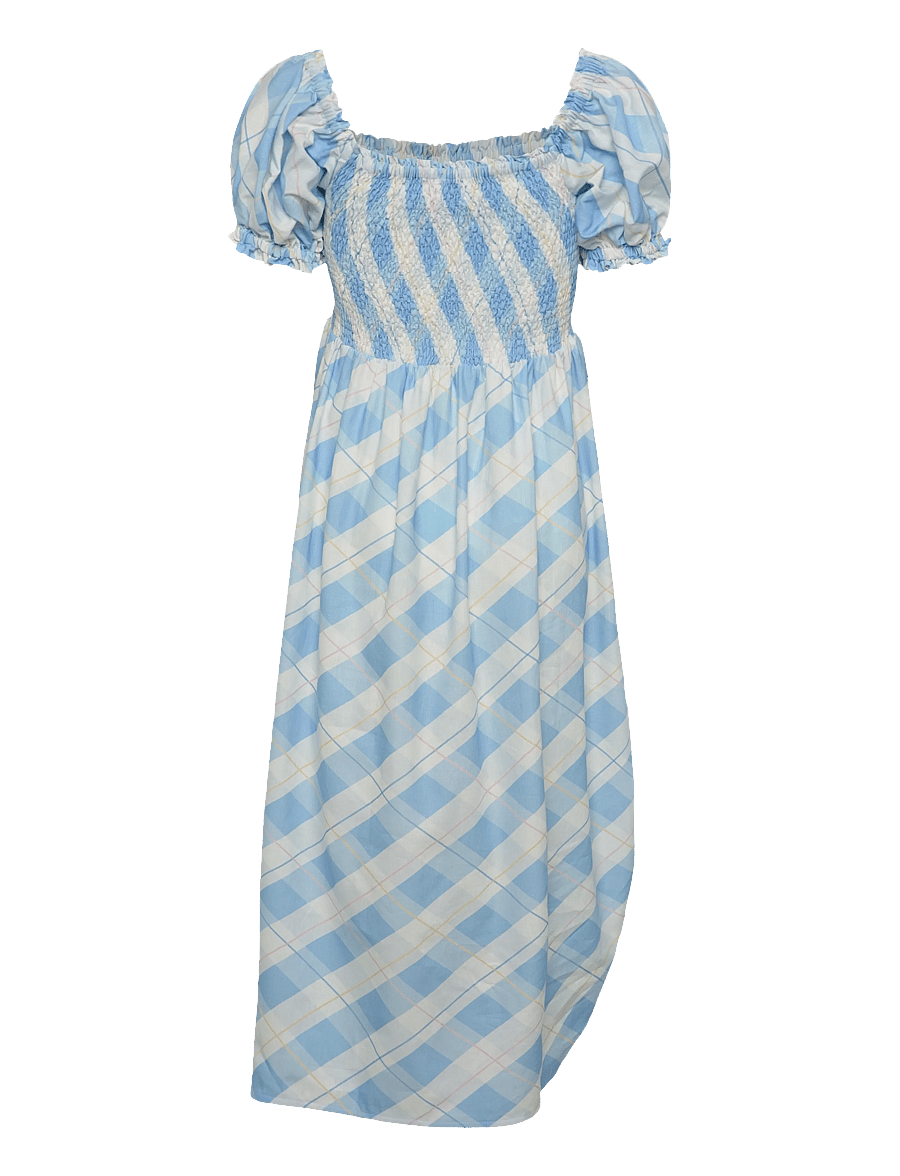 Sleeper - Belle Linen Dress with Rose Detail in Blue Plaid - robes d'été - white&blue - 2