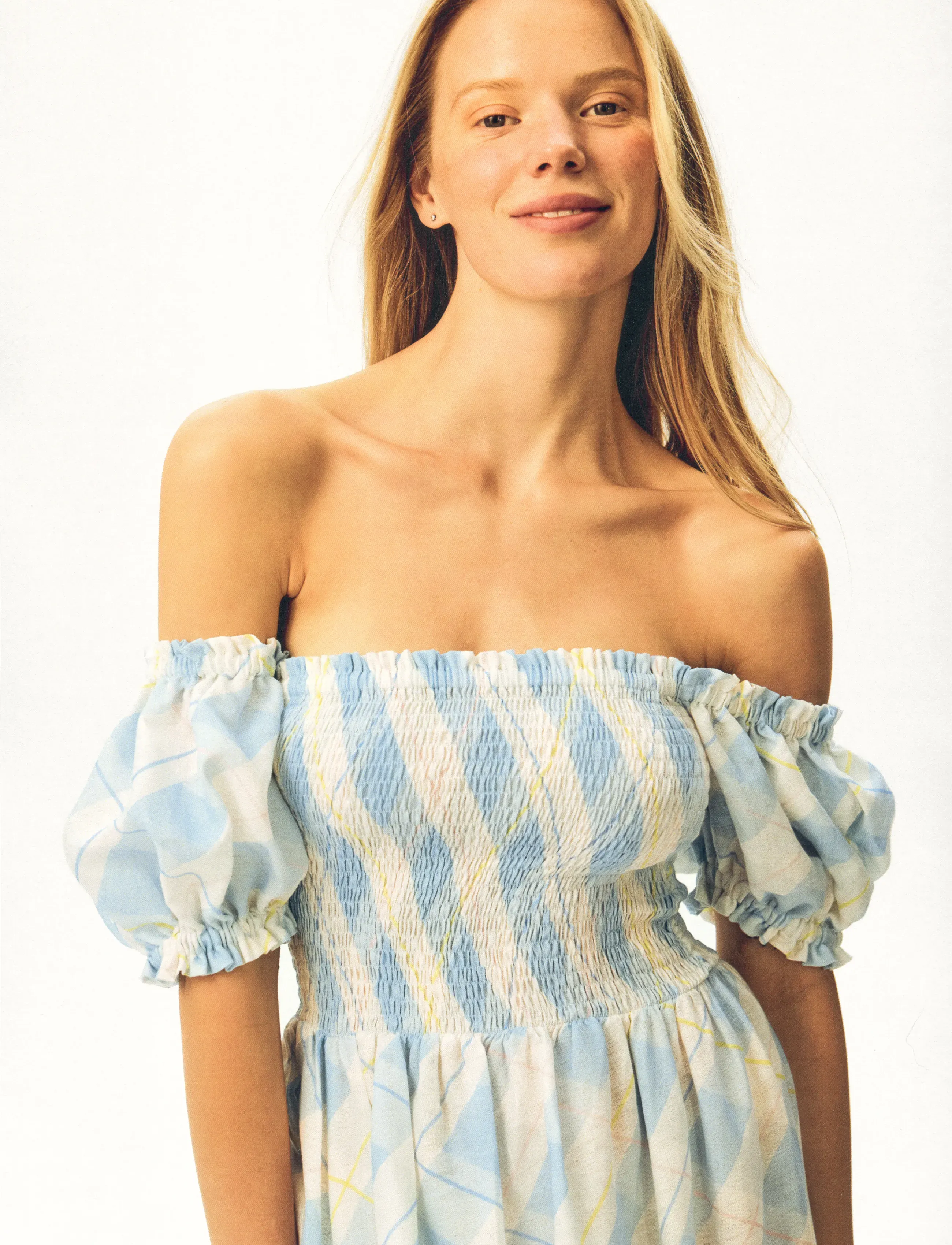 Sleeper - Belle Linen Dress with Rose Detail in Blue Plaid - robes d'été - white&blue - 3