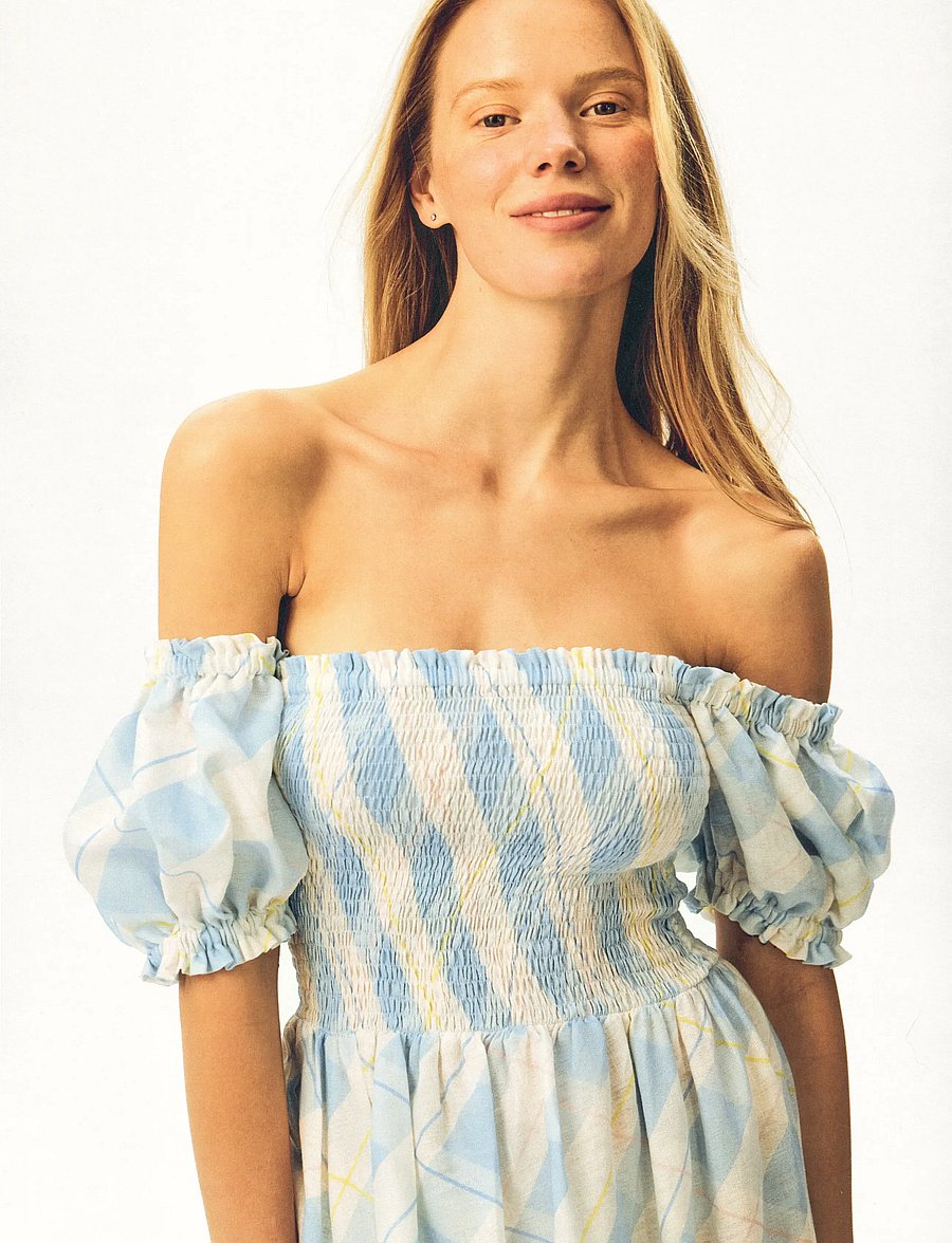 Sleeper - Belle Linen Dress with Rose Detail in Blue Plaid - robes d'été - white&blue - 3