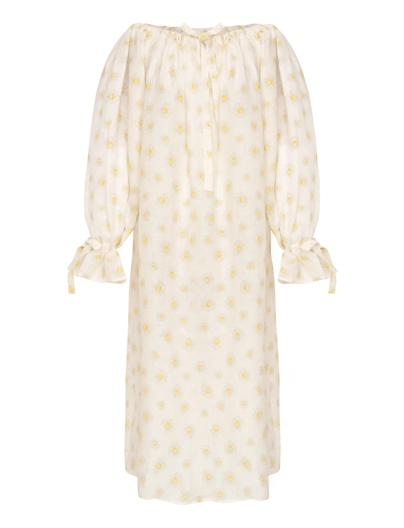 SLEEPER Cha-Cha Linen Maxi Kleid In Daisies With Hair Ribbon Cream - M/L - Damen