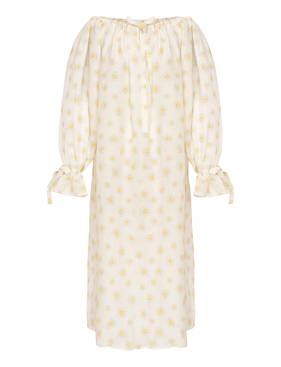 Sleeper - Cha-Cha Linen Maxi Dress in Daisies with Hair Ribbon - sommerkjoler - white&yellow - 1