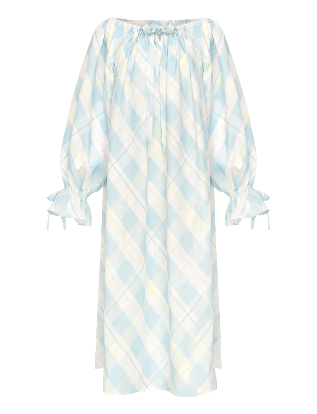 SLEEPER Cha-Cha Linen Maxi Kleid In Blau Plaid With Hair Ribbon Blau - M/L - Damen