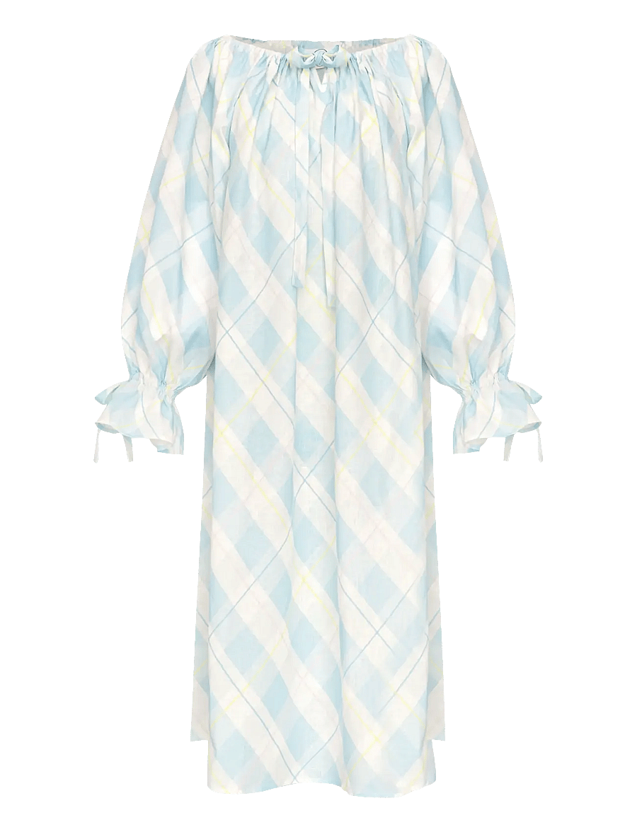 Sleeper - Cha-Cha Linen Maxi Dress in Blue Plaid with Hair Ribbon - sommerkleider - white&blue - 1