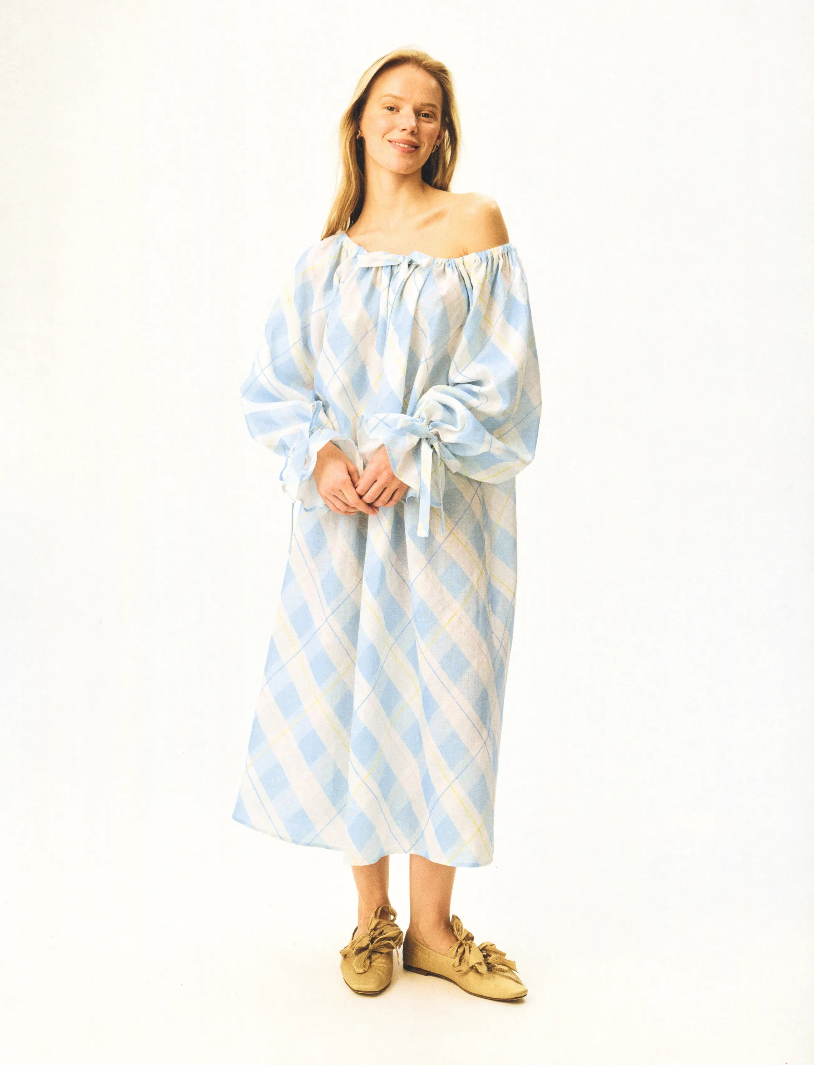 Sleeper Cha-cha Linen Maxi Dress In Blue Plaid With Hair Ribbon  (SLPCHDR01G105HR) - Maxi dresses - Boozt.com