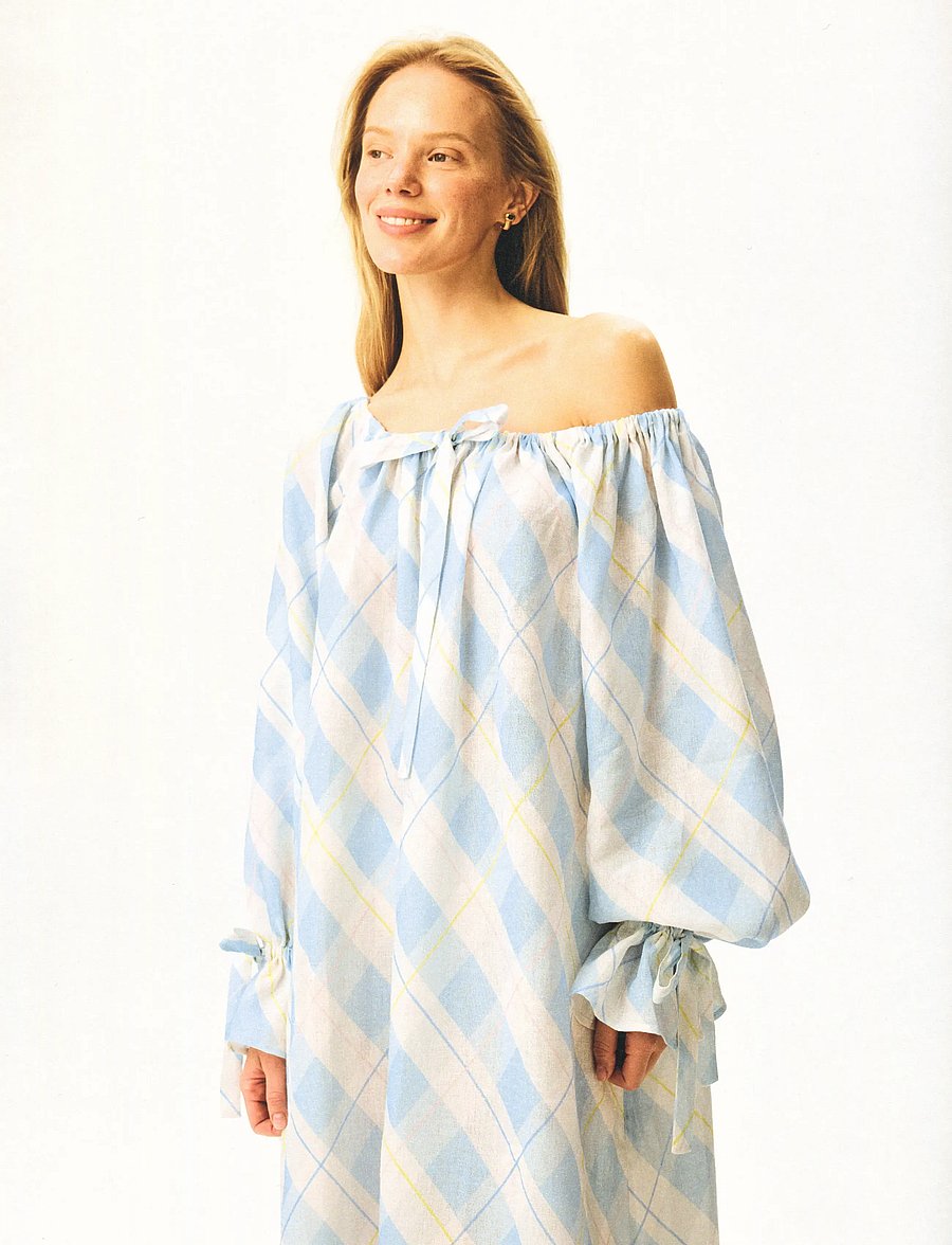 Sleeper - Cha-Cha Linen Maxi Dress in Blue Plaid with Hair Ribbon - sommerkleider - white&blue - 3