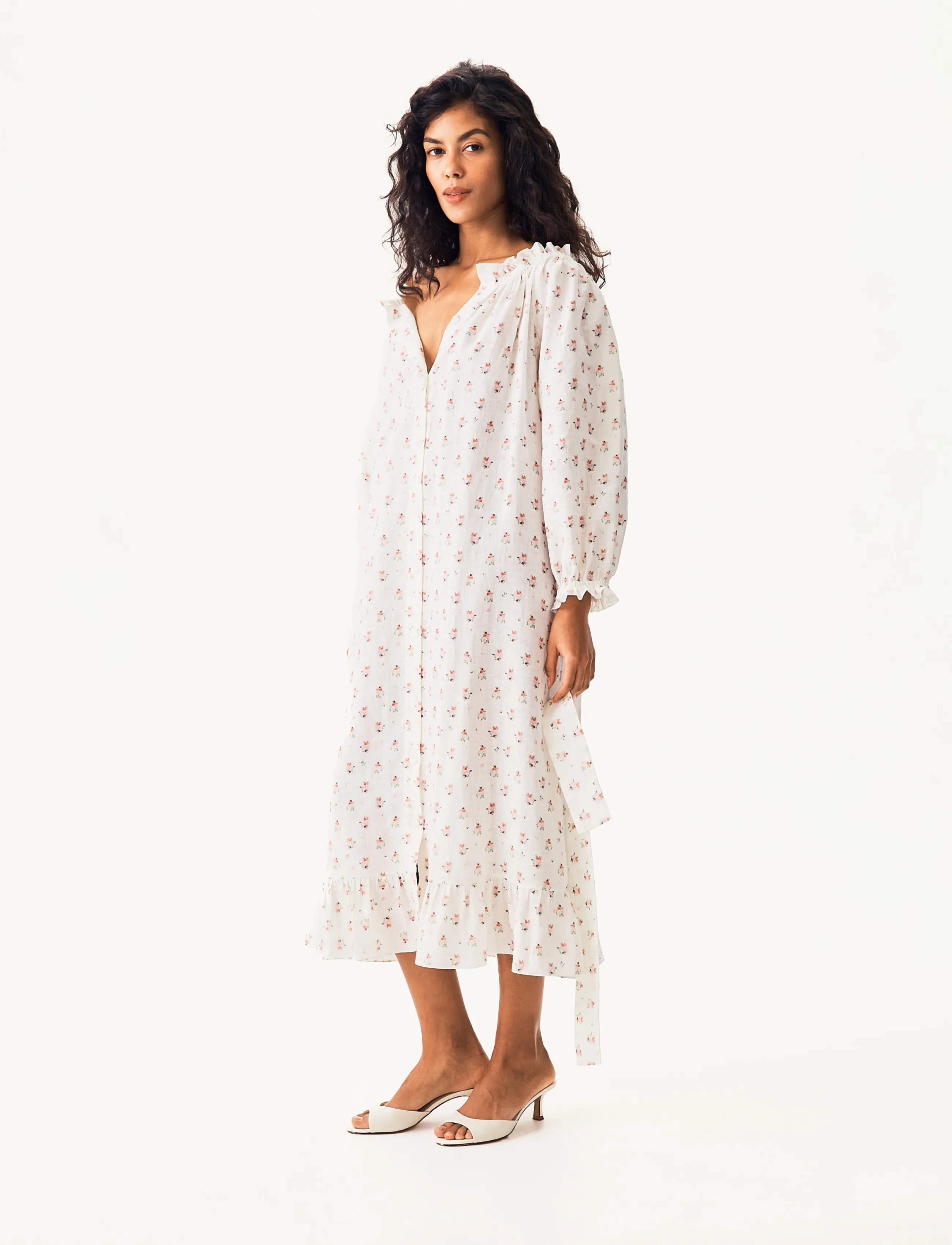 Sleeper Loungewear Linen Dress with Hair Ribbon - Sleeper - WHITE&PINK / white