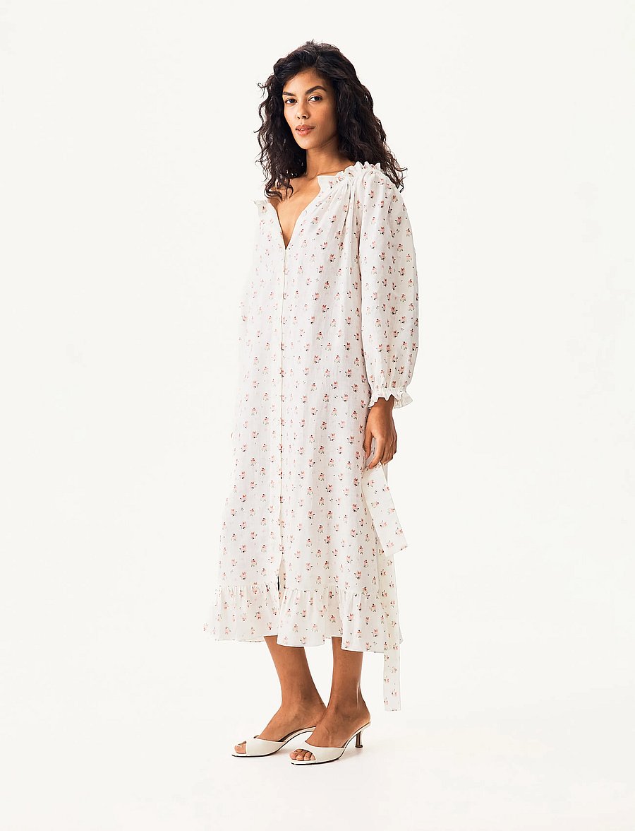 Sleeper - Loungewear Linen Dress with Hair Ribbon - white&pink - 0