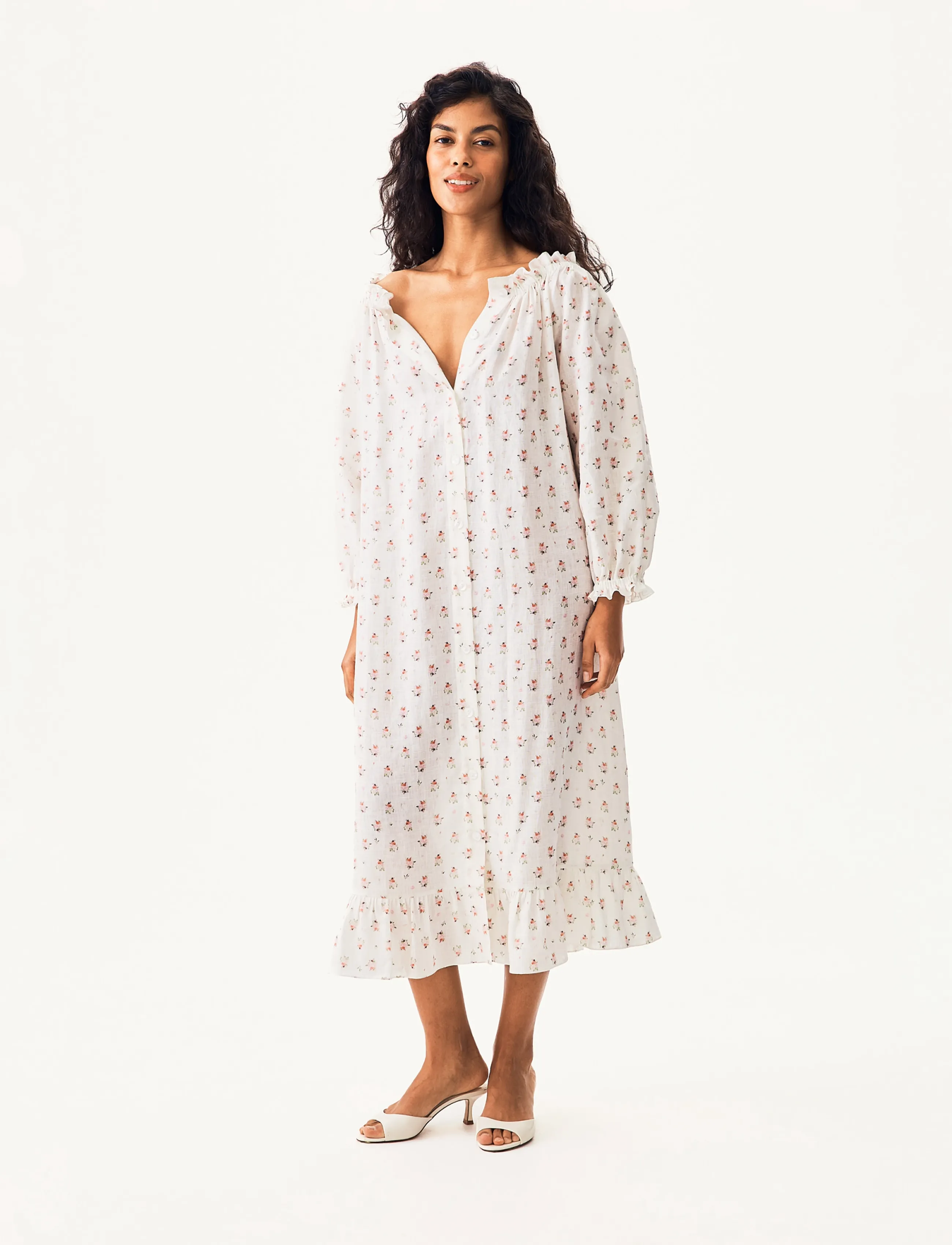 Sleeper - Loungewear Linen Dress with Hair Ribbon - white&pink - 3