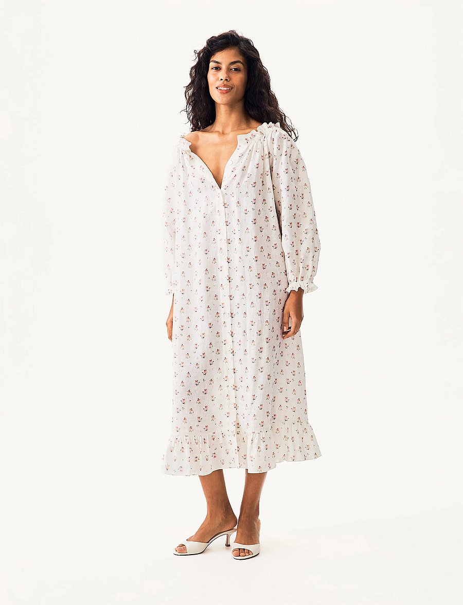 Sleeper - Loungewear Linen Dress with Hair Ribbon - white&pink - 3