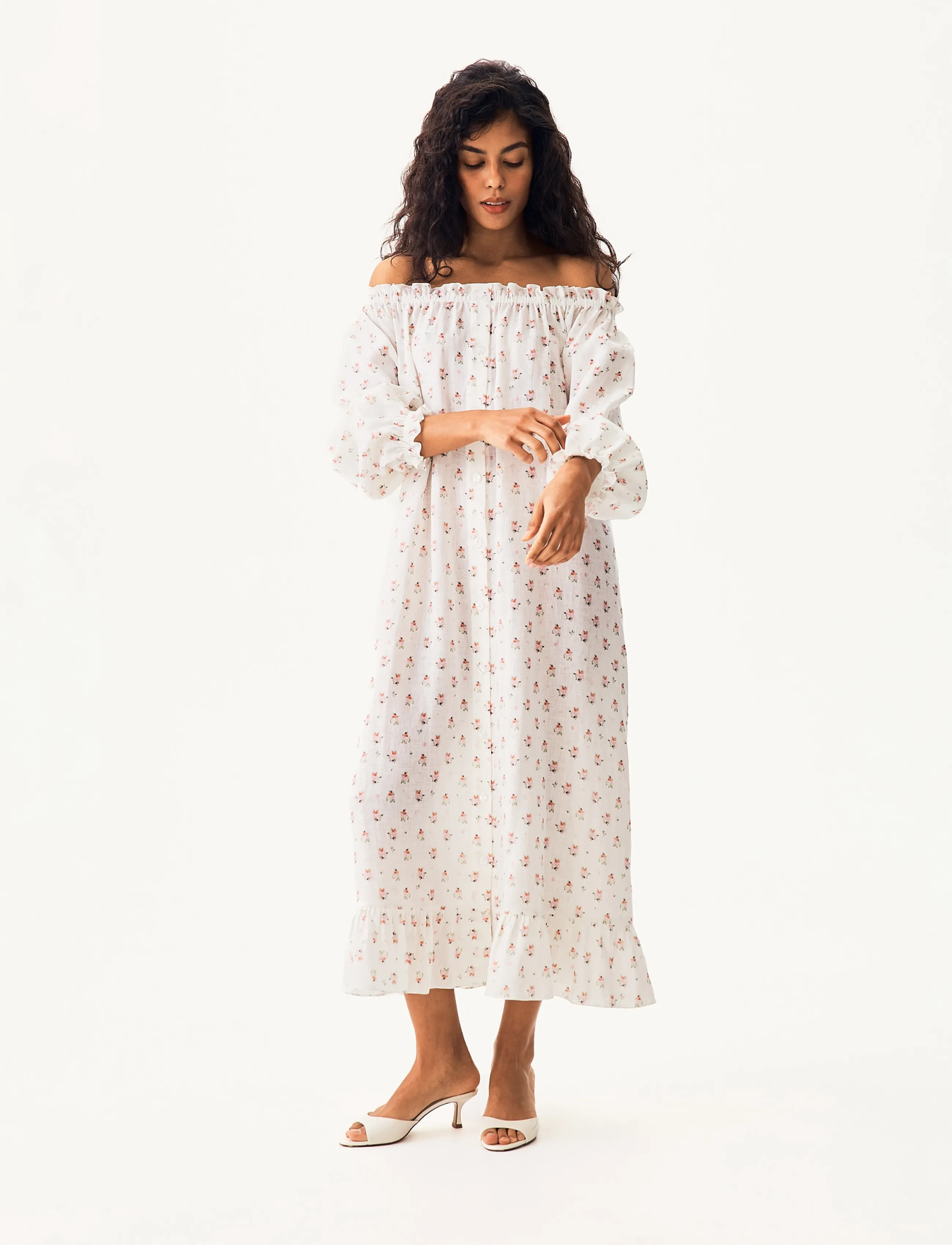 Sleeper - Loungewear Linen Dress with Hair Ribbon - white&pink - 4