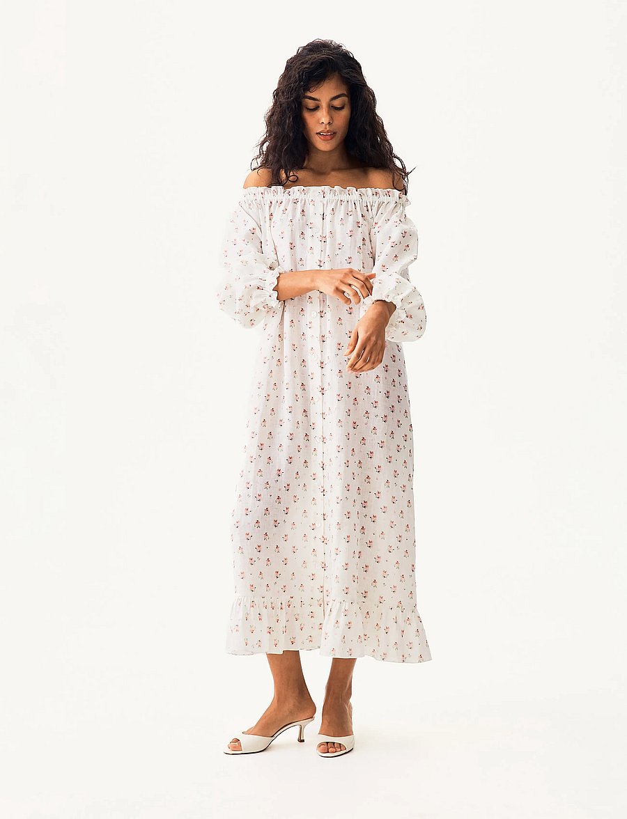 Sleeper - Loungewear Linen Dress with Hair Ribbon - white&pink - 4