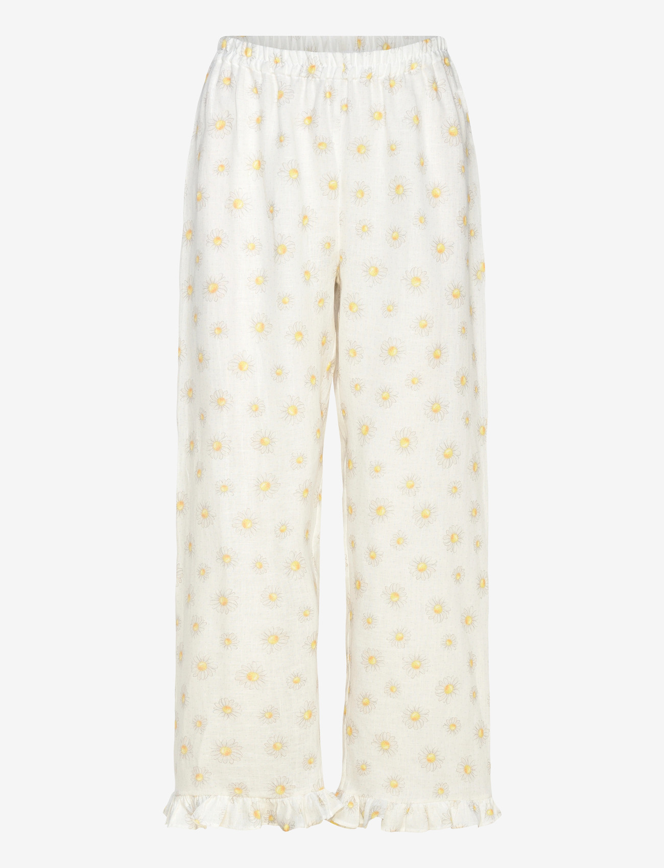 Sleeper - Puff Linen Lounge Pants with Headscarf in Daisies - linen trousers - white&yellow - 1