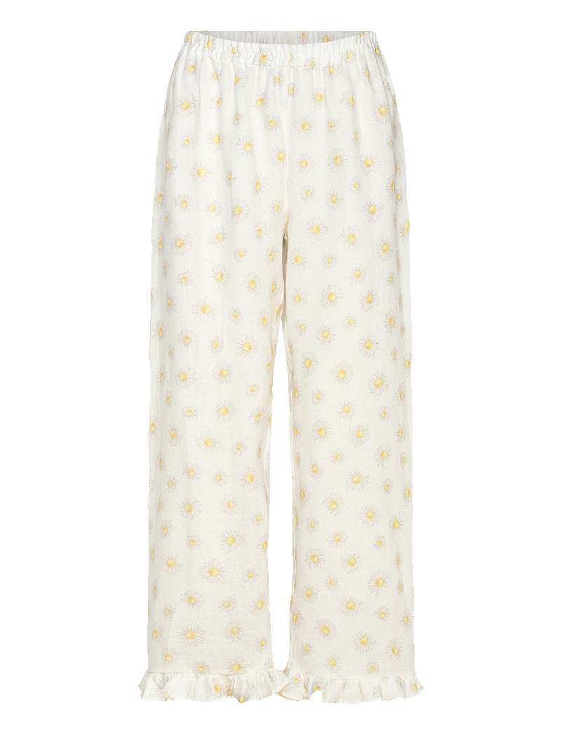 Sleeper - Puff Linen Lounge Pants with Headscarf in Daisies - linen trousers - white&yellow - 1