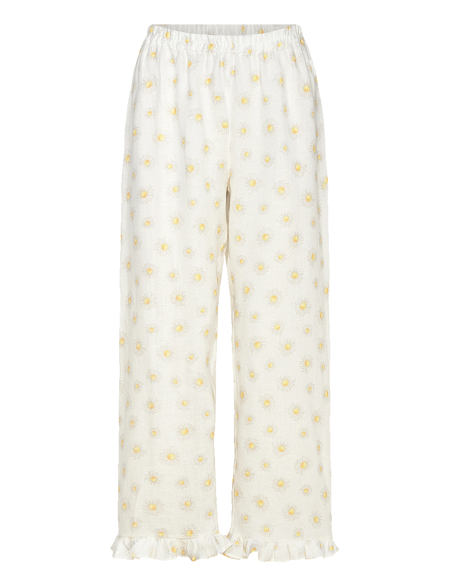 Sleeper - Puff Linen Lounge Pants with Headscarf in Daisies - hørbukser - white&yellow - 1