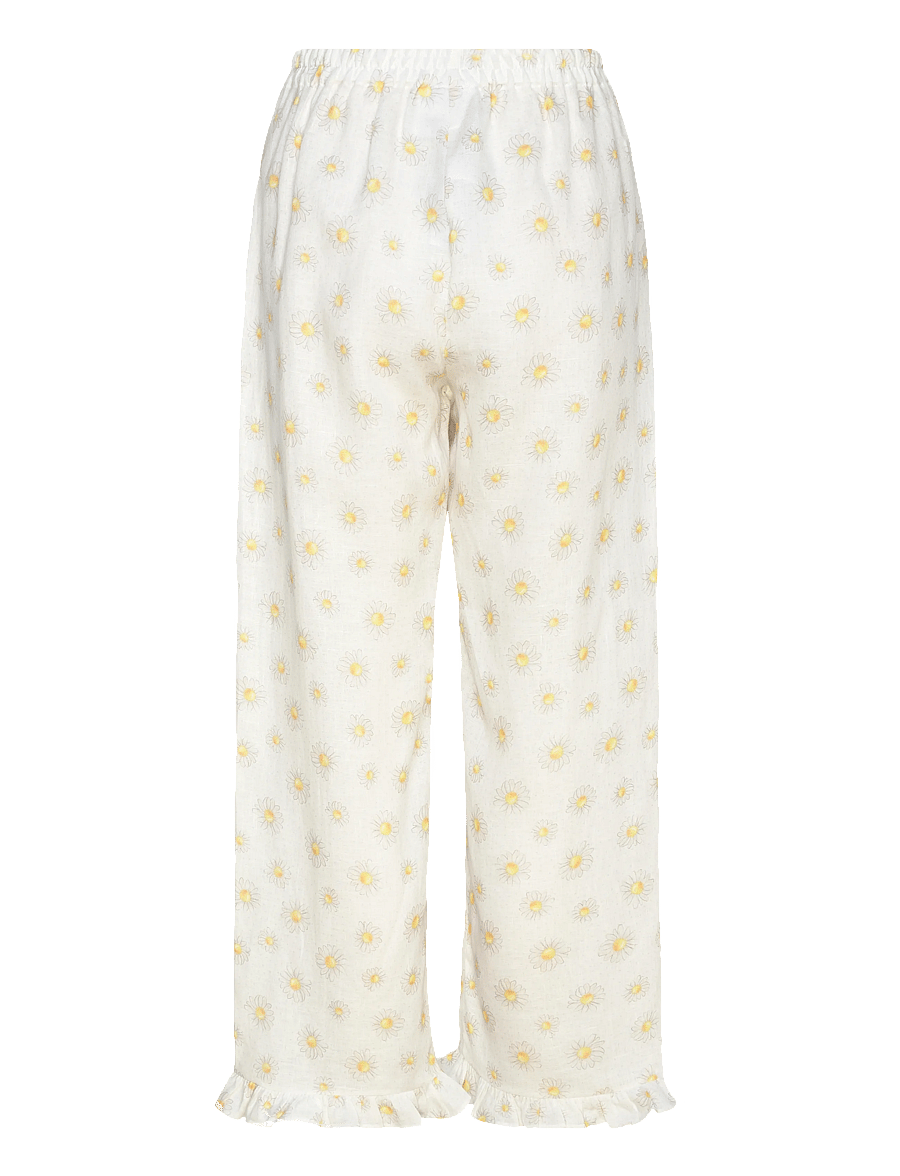 Sleeper - Puff Linen Lounge Pants with Headscarf in Daisies - hørbukser - white&yellow - 2