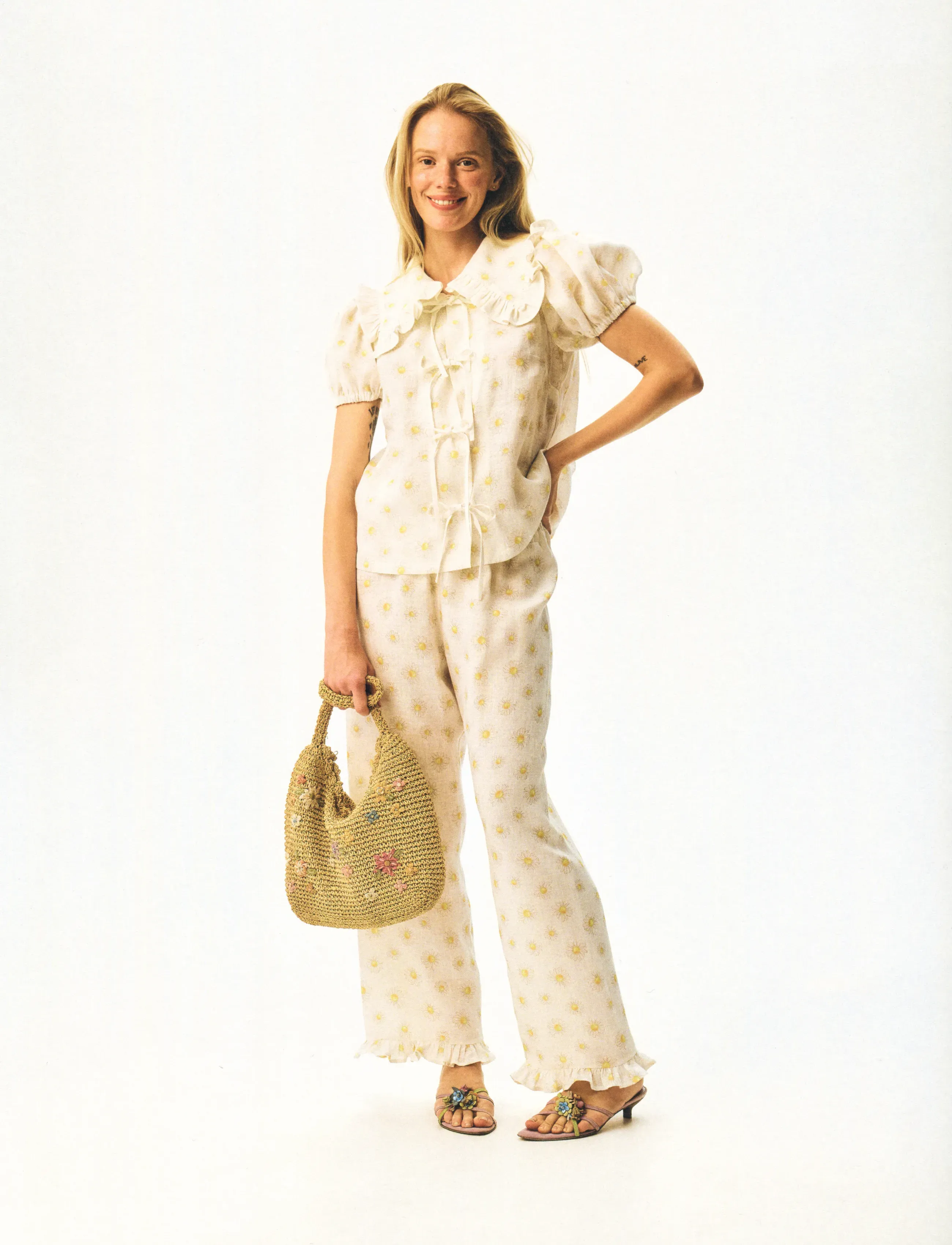 Sleeper Puff Linen Lounge Pants With Headscarf In Daisies, L, Trousers, Weiß - Wide Leg, Frauen