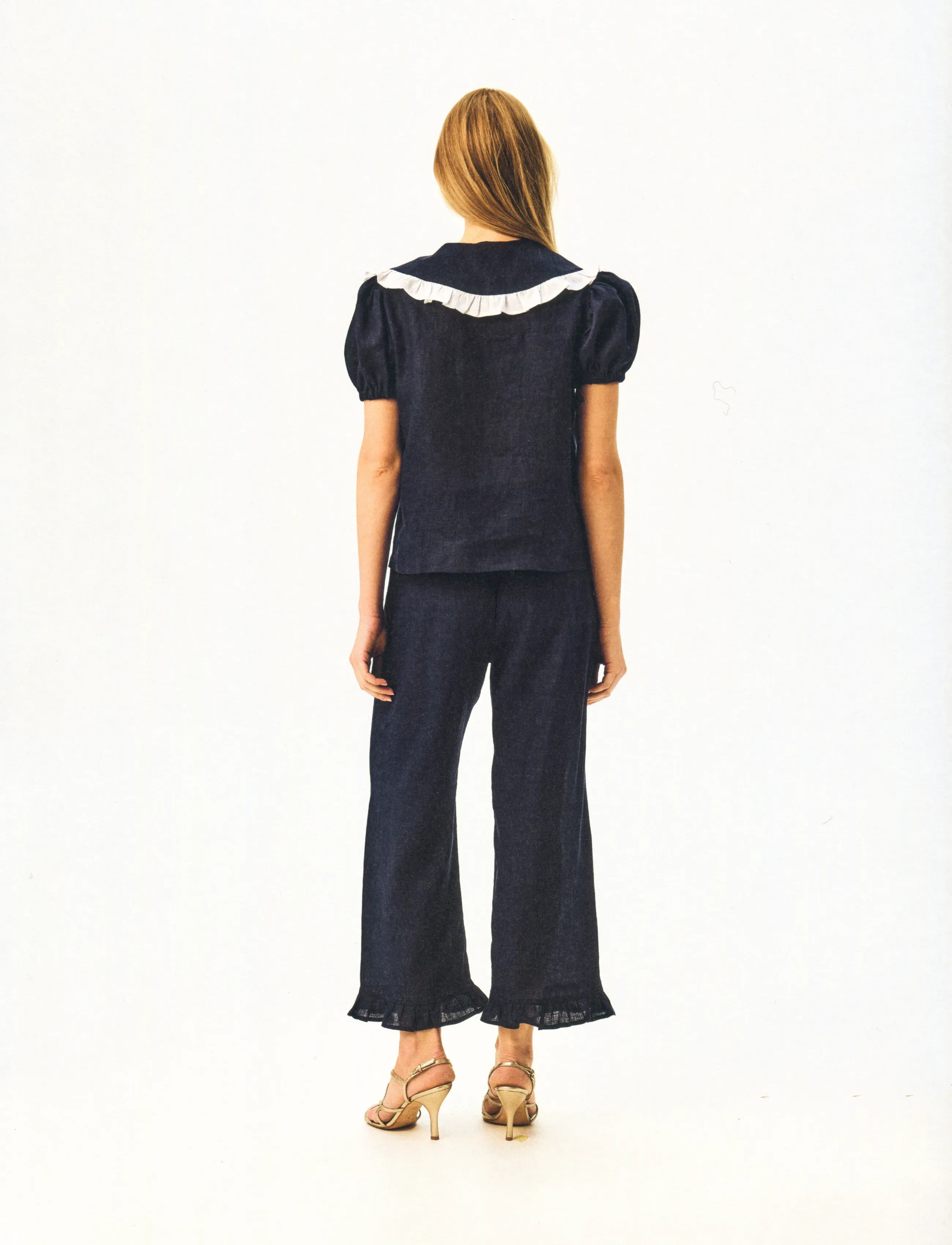 Sleeper - Puff Linen Lounge Pants in Navy - culottes - navy - 2