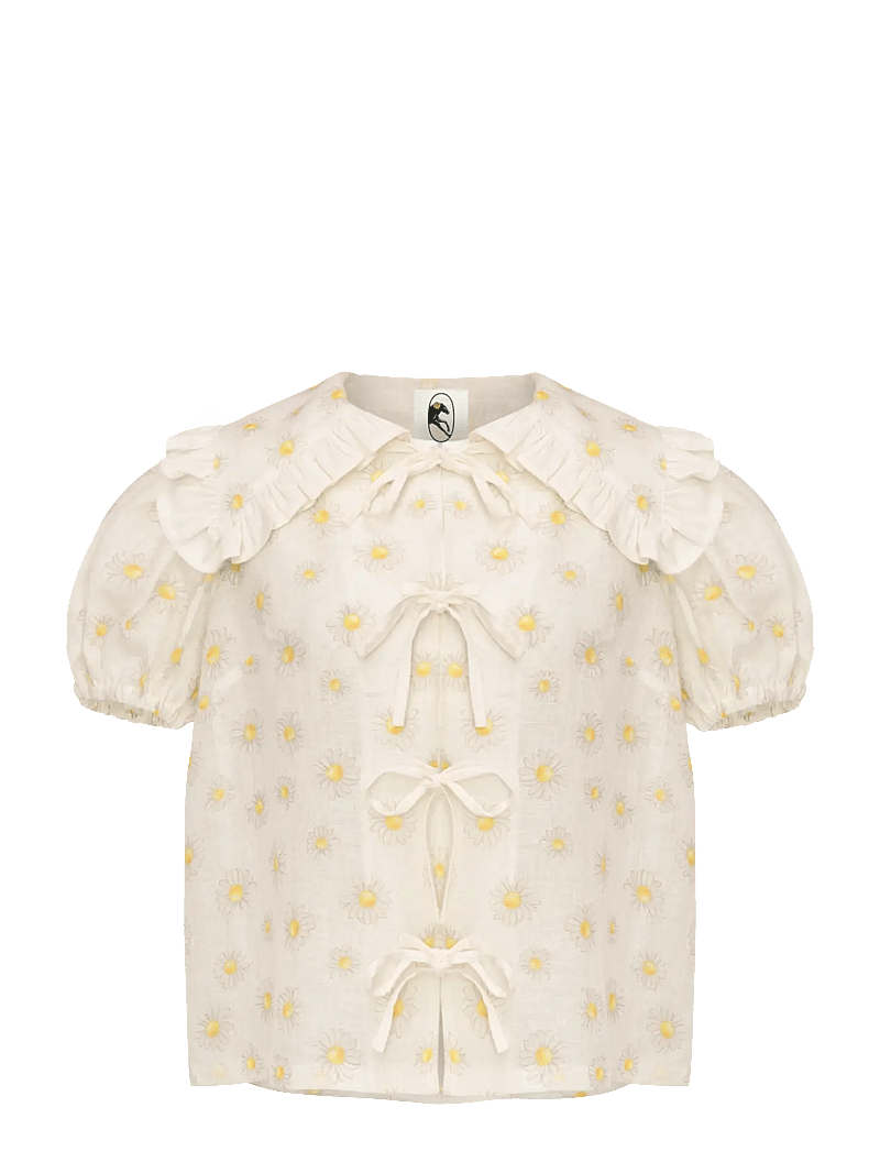 Sleeper - Puff Linen Lounge Shirt in Daisies - linen shirts - white&yellow - 1