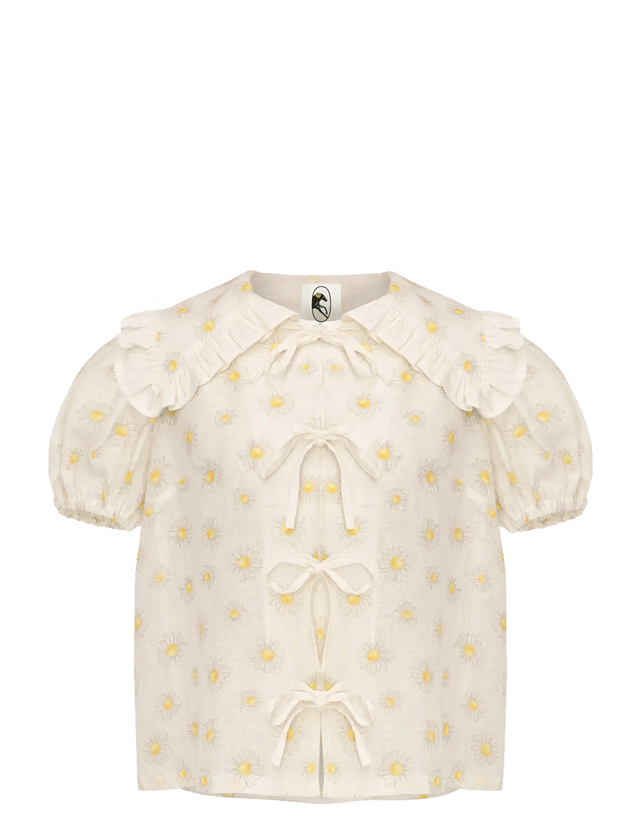 Sleeper - Puff Linen Lounge Shirt in Daisies - linased särgid - white&yellow - 1