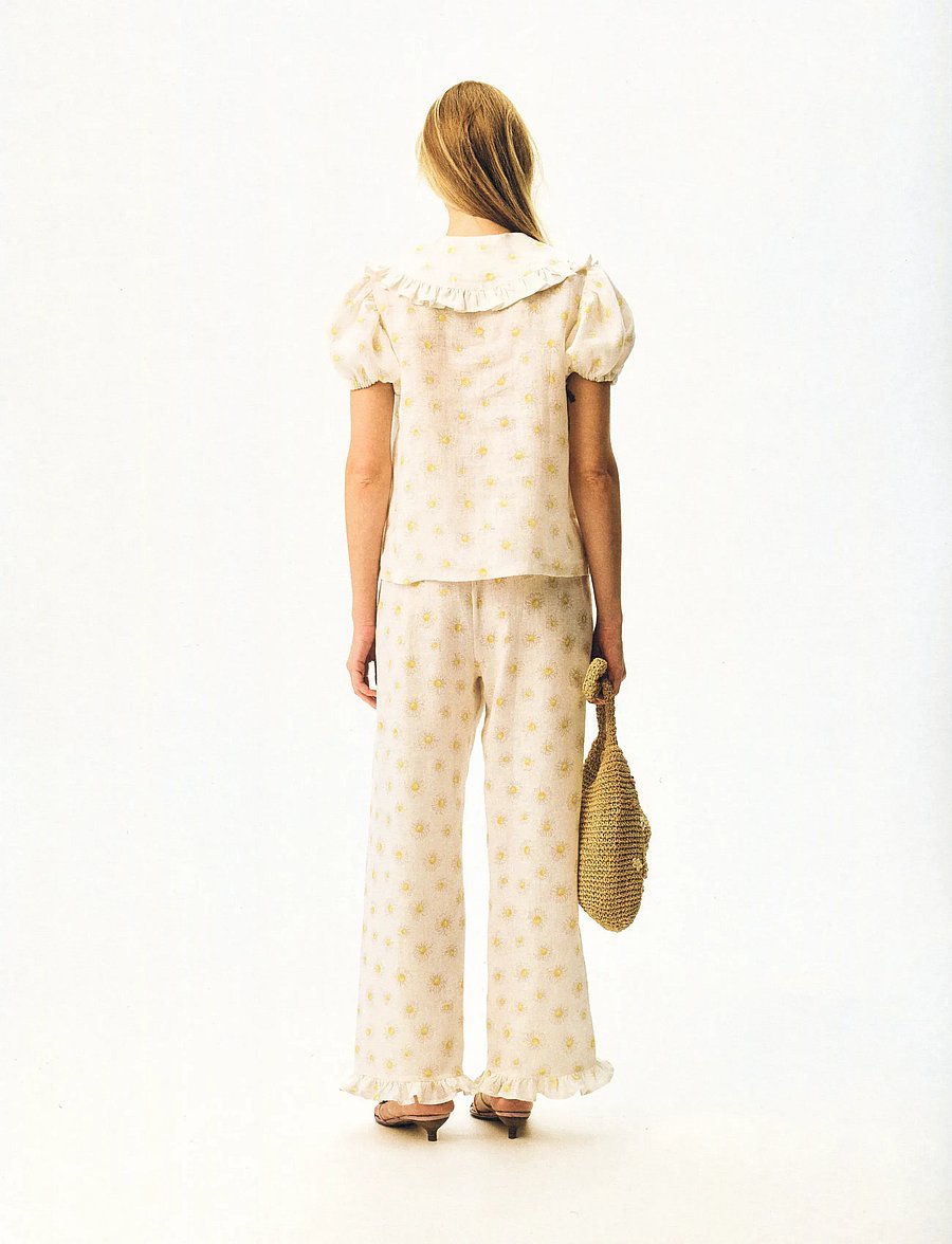 Sleeper - Puff Linen Lounge Shirt in Daisies - linased särgid - white&yellow - 2