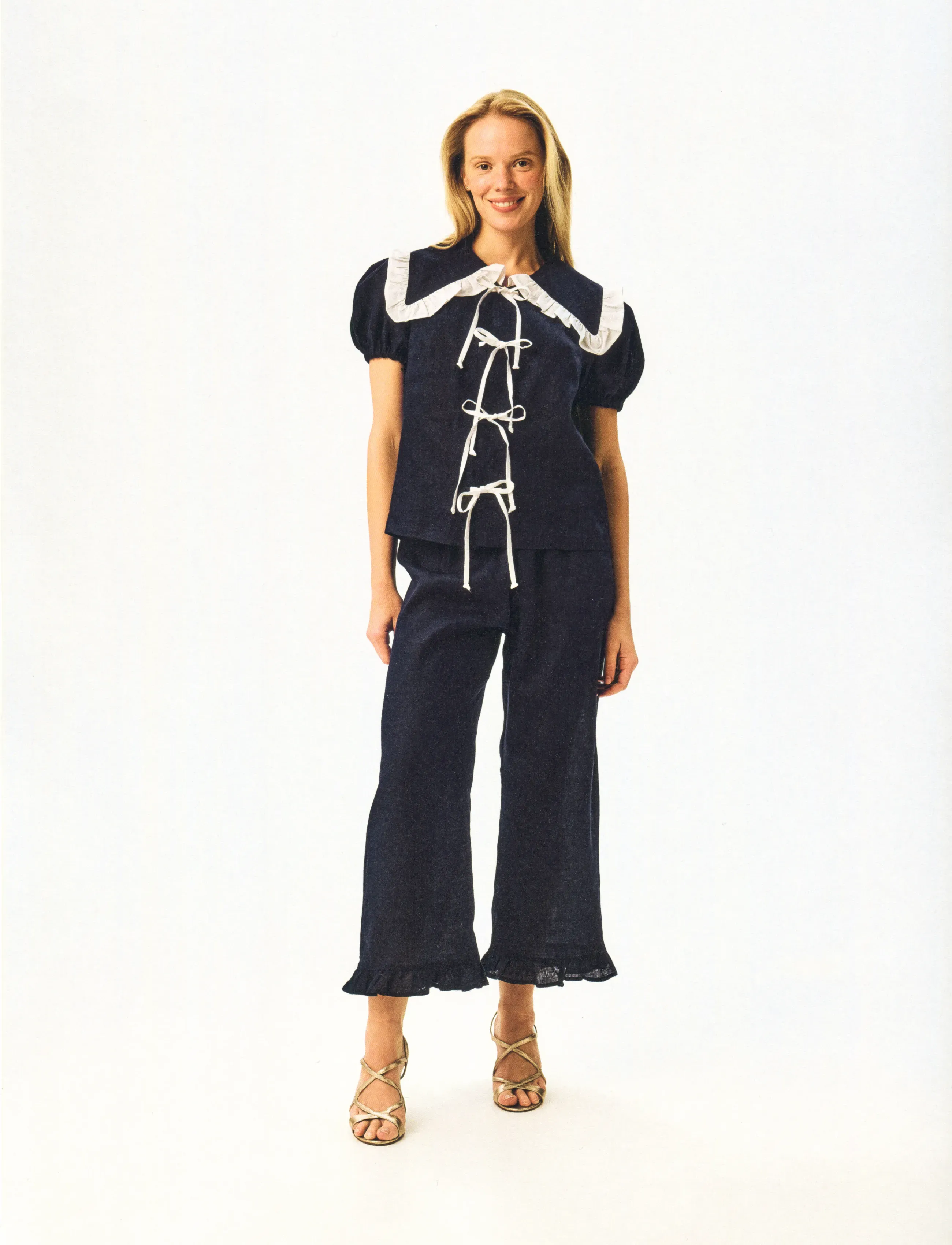 Sleeper Puff Linen Lounge Shirt In Navy, XS, Shirts, Marineblau - Short-sleeved, Frauen