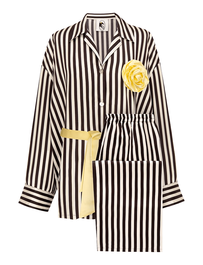 Sleeper - The Rose Oversized Pajama Set in Stripes with Yellow trim - pyjamas - white&black - 1