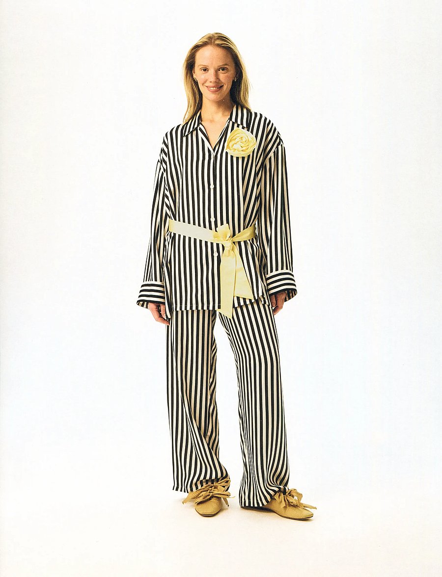 Sleeper - The Rose Oversized Pajama Set in Stripes with Yellow trim - pyjamas - white&black - 3