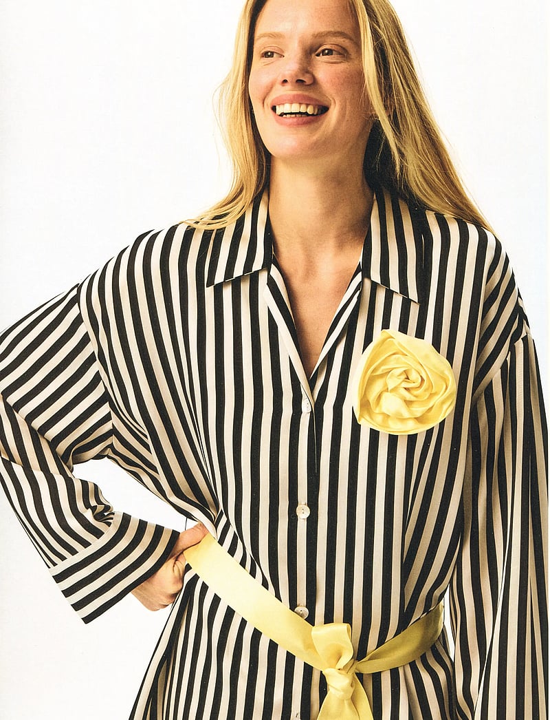 Sleeper - The Rose Oversized Pajama Set in Stripes with Yellow trim - pyjamas - white&black - 4