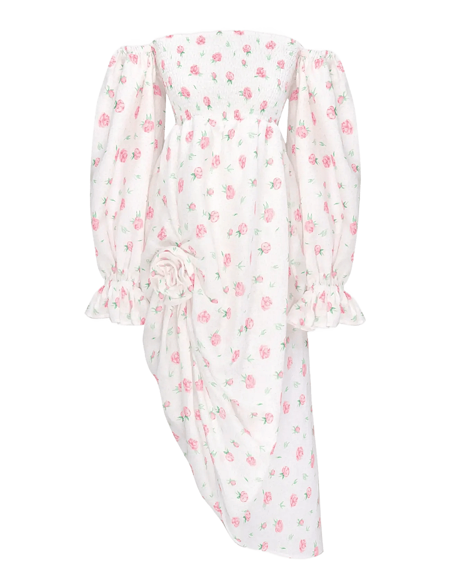 Sleeper - Atlanta Linen Dress with Rose Detail in Roses - robes d'été - white&pink - 1