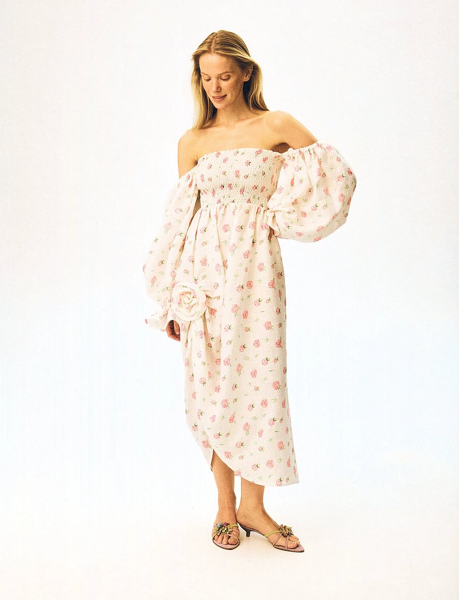 Sleeper - Atlanta Linen Dress with Rose Detail in Roses - robes d'été - white&pink - 0