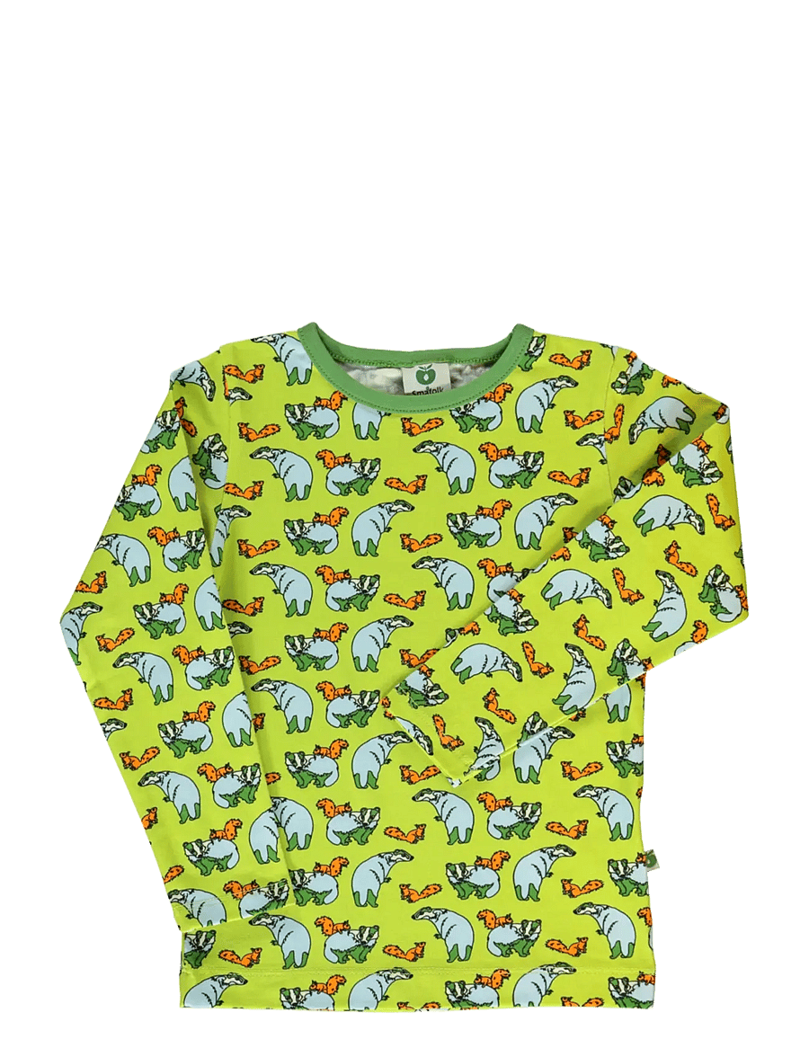 Småfolk - Long-sleeved blouse with badger and squirrel - långärmade t-shirts - pear green - 1