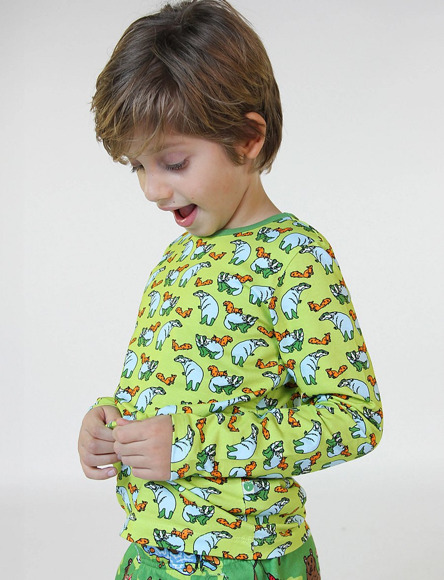 Småfolk - Long-sleeved blouse with badger and squirrel - långärmade t-shirts - pear green - 0