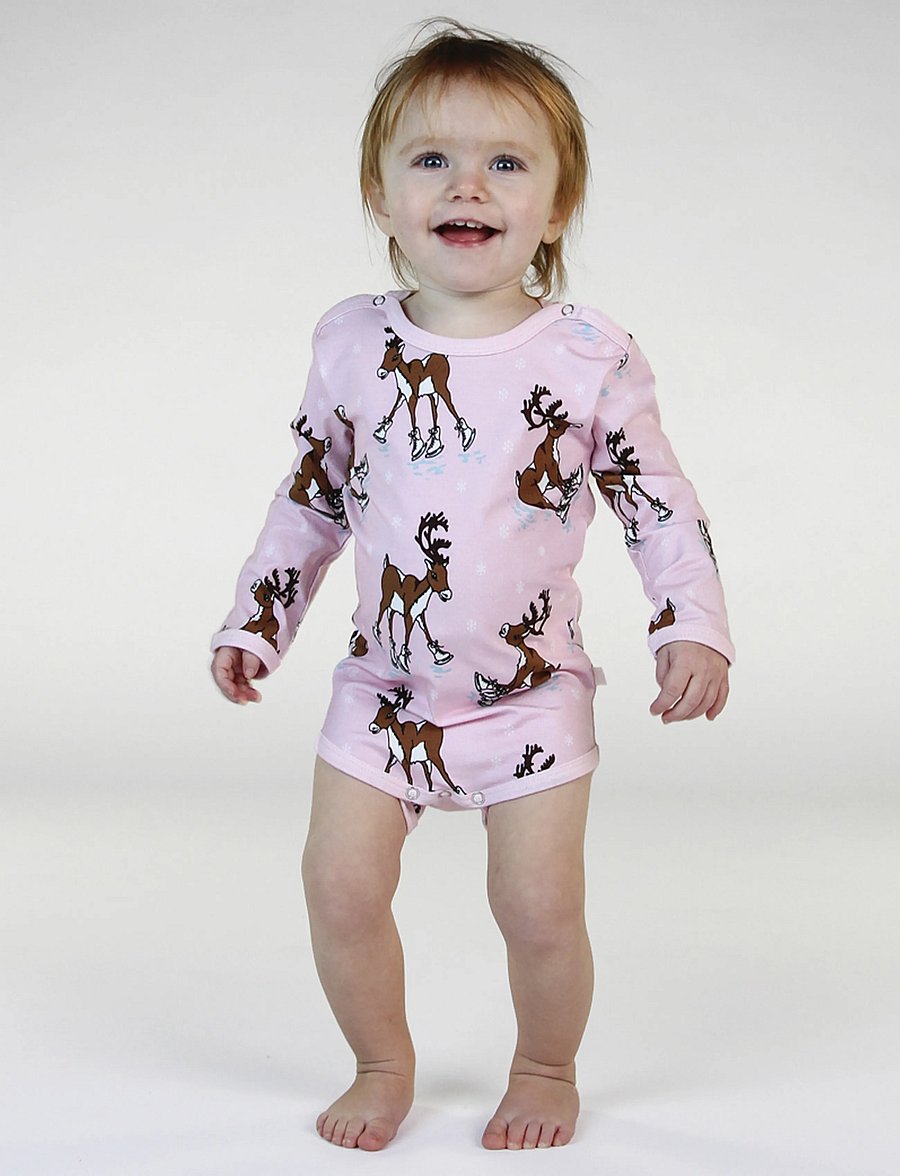 Småfolk - Long-sleeved baby body with reindeer - långärmade bodies - icy pink - 0