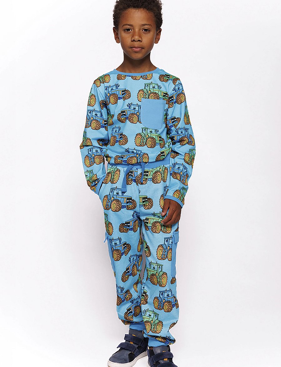 Småfolk - Pants with tractors - mjukisbyxor - blue atoll - 0