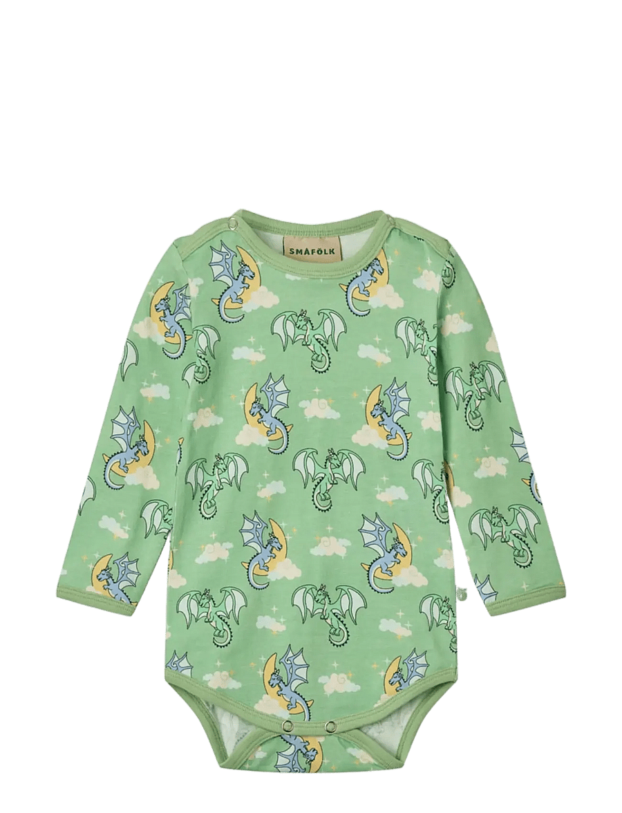 Småfolk - Long-sleeved baby body with sleeping dragons - langärmelige bodys - sage - 1