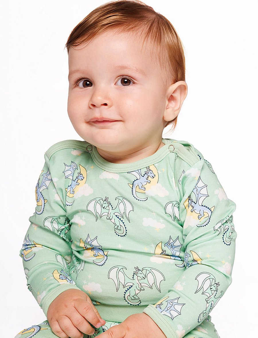 Småfolk - Long-sleeved baby body with sleeping dragons - langärmelige bodys - sage - 0