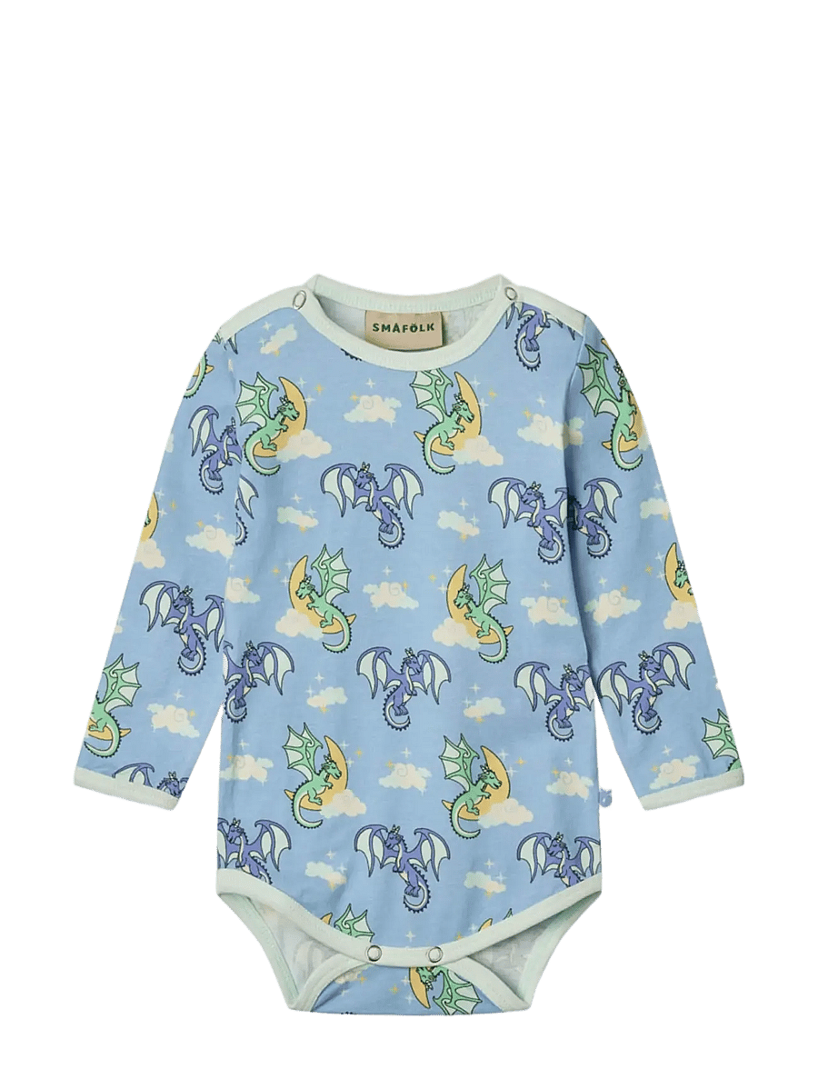 Småfolk - Long-sleeved baby body with sleeping dragons - långärmade bodies - soft sky - 1