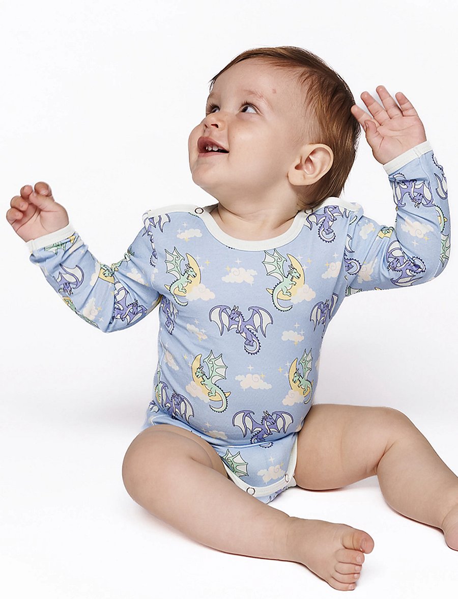 Småfolk - Long-sleeved baby body with sleeping dragons - långärmade bodies - soft sky - 0