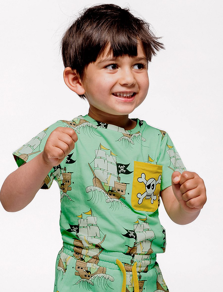 Småfolk - T-shirt with pirate ships - kortärmade t-shirts - minty green tea - 0