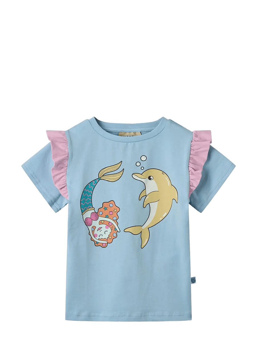 Småfolk - T-shirt with mermaid and dolphin - kortärmade t-shirts - soft sky - 1