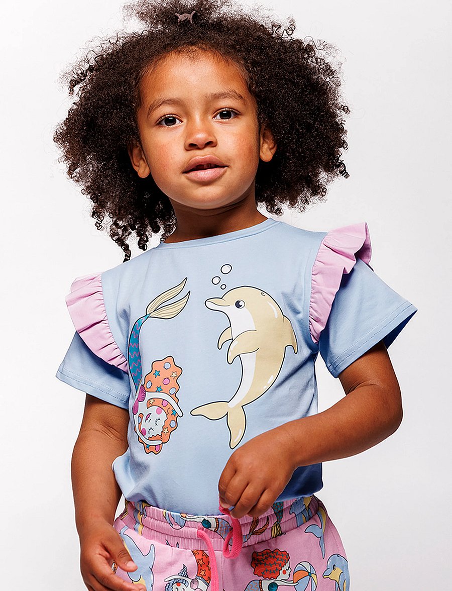 Småfolk - T-shirt with mermaid and dolphin - kortärmade t-shirts - soft sky - 0