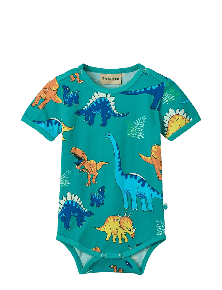 Småfolk - Short-sleeved baby body with dinosaurs - kortärmade bodies - teal - 1