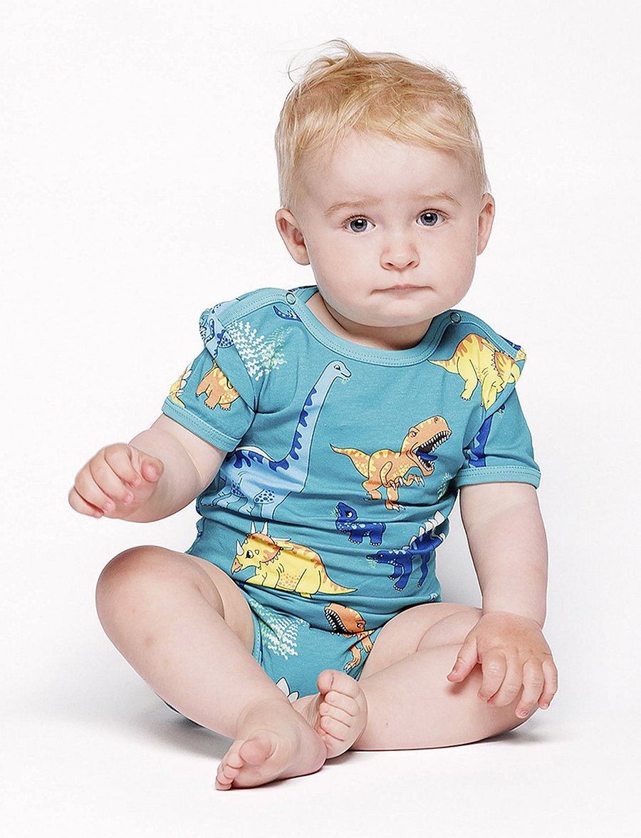 Småfolk - Short-sleeved baby body with dinosaurs - kortärmade bodies - teal - 0